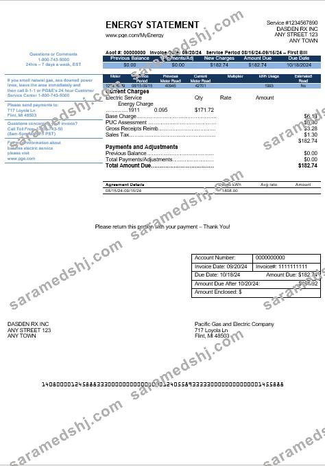 USA California PG&E (Pacific Gas and Electric Company) business utility bill template in Word and PDF formats, version 2